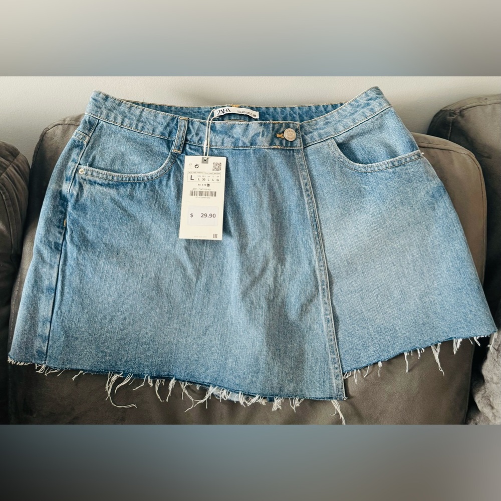 Zara Light Blue Denim Mini Skirt - Raw Hem